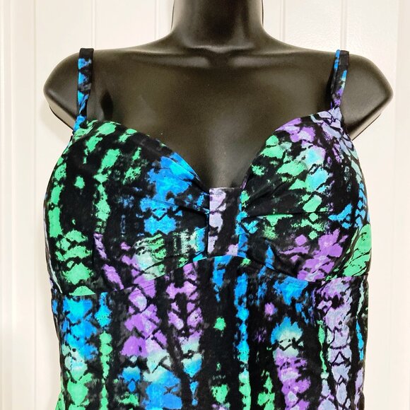 LEILANI Black multi-colour ikat tie-dye inspired print tankini top ~ LARGE XL 1X - Picture 3 of 9